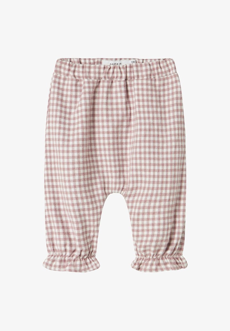 Rosa og hvite rutete bukser til småbarn med elastisk midje, volangdetaljer ved anklene, laget av myk stoff, med en avslappet passform.