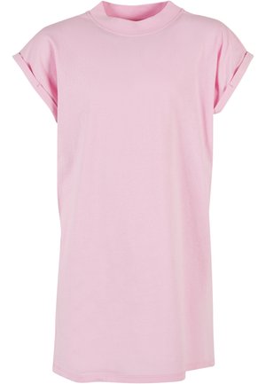Roze T-shirtjurk met korte mouwen gemaakt van zacht katoen. Heeft een hoge halslijn en omgeslagen manchetten met een losse, ontspannen pasvorm.