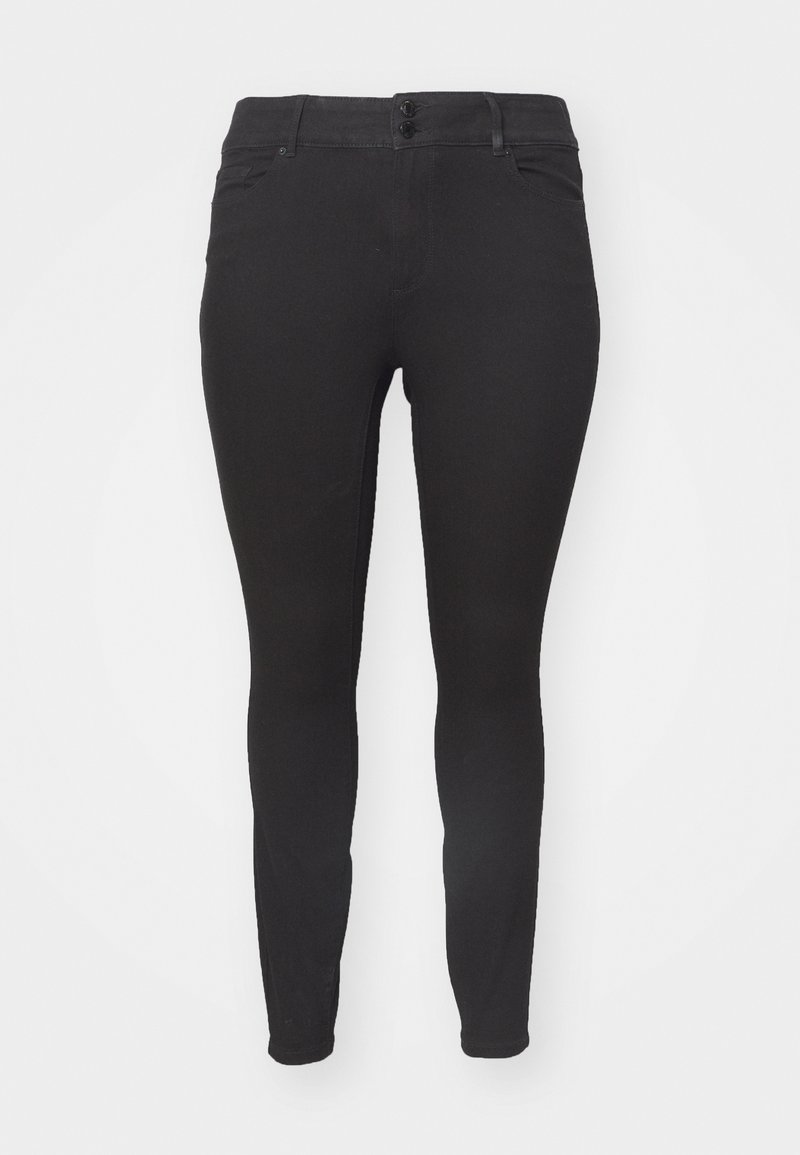 Fekete, szűk farmernadrág rugalmas anyagból, két gombos záródással, öt zsebbel és sima, egyenletes textúrával.