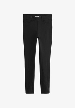 Czarne legginsy wykonane z elastycznej tkaniny z dopasowanym krojem. Posiadają klasyczny pas i przednie kieszenie, gładką teksturę i brak wzorów.