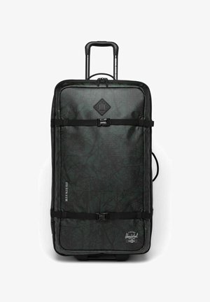 Rollenreisetasche in Dunkelgrün mit strukturiertem Oberflächen. Verfügt über schwarze Riemen, ein Diamant-Logo und einen Seitengriff. Maße auf der Seite.