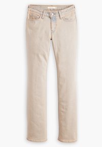 Jeans de mezclilla beige con un diseño de pierna recta. Cuenta con cinco bolsillos, cierre frontal con botón y un sutil desgaste en la tela de mezclilla.