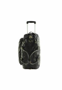 Zaino a rotelle in pelle nera con hardware argento, molteplici scomparti con zip, finitura testurizzata e manico estraibile per un facile trasporto.