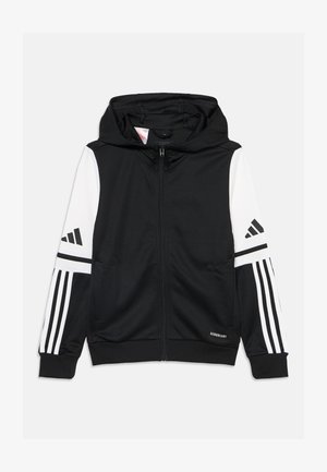 Sweat à capuche noir zippé avec manches rayées blanches et noires, une capuche et un petit texte "AEROREADY" près de l'ourlet inférieur à l'avant.