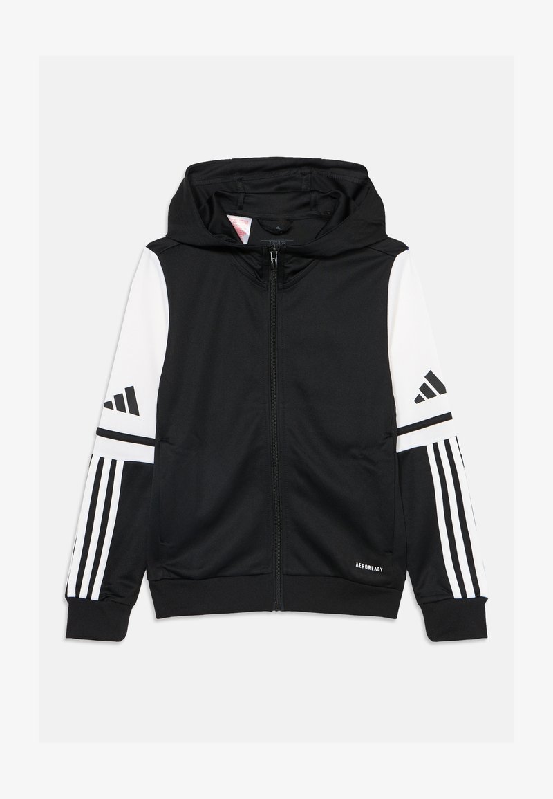 Sweat à capuche noir zippé avec manches rayées blanches et noires, une capuche et un petit texte "AEROREADY" près de l'ourlet inférieur à l'avant.