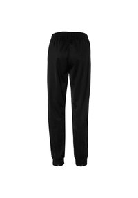 Sorte træningsbukser med elastisk talje, tapered ben-design og lynlåse ved anklerne for justerbar pasform og nem påklædning. Glat stofstruktur.