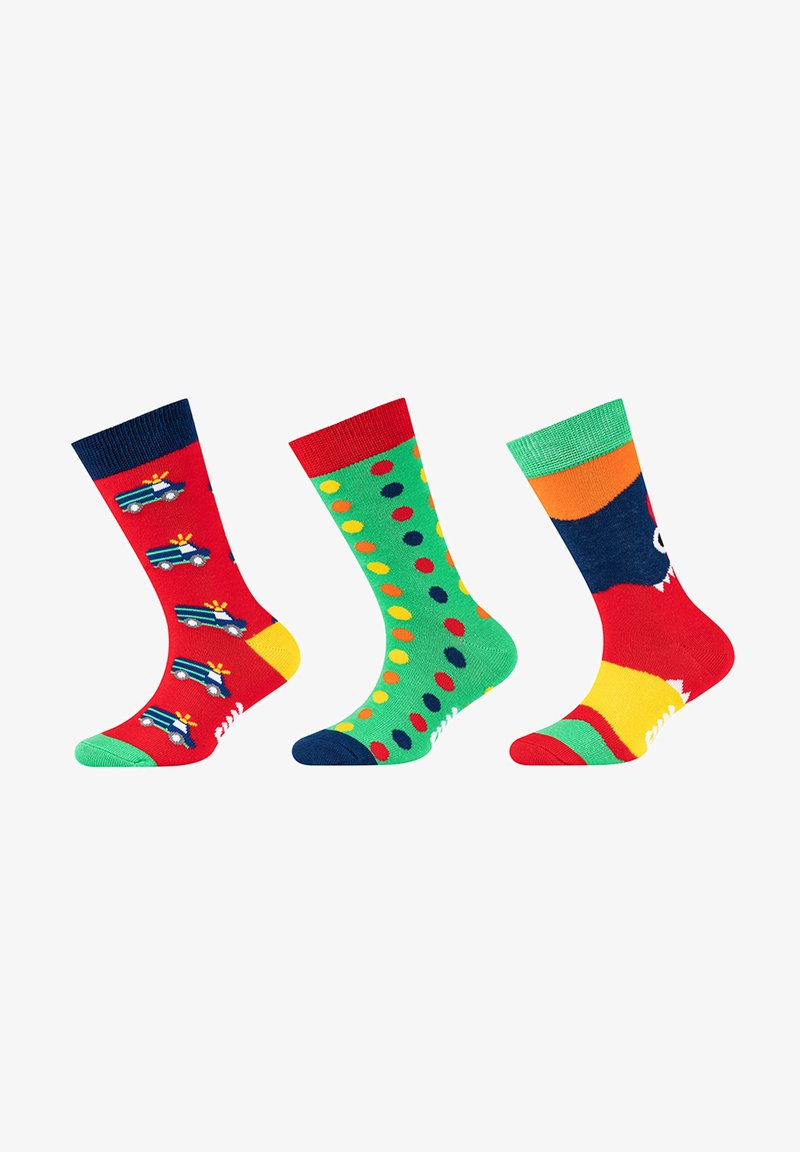 Kolorowe skarpetki z trzema wzorami: czerwone w samochodziki, zielone w kropki i w wielokolorowy paski. Wykonane z bawełny.