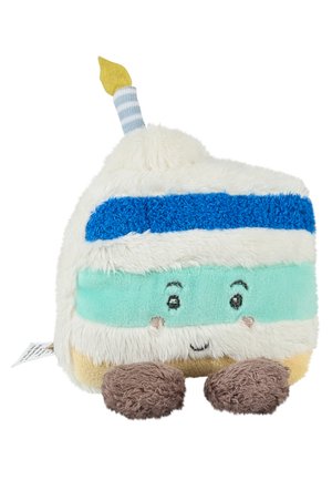 Fluffy plush cake slice with blue and teal stripes, smiling face, brown feet, and a striped candle with a yellow flame on top.