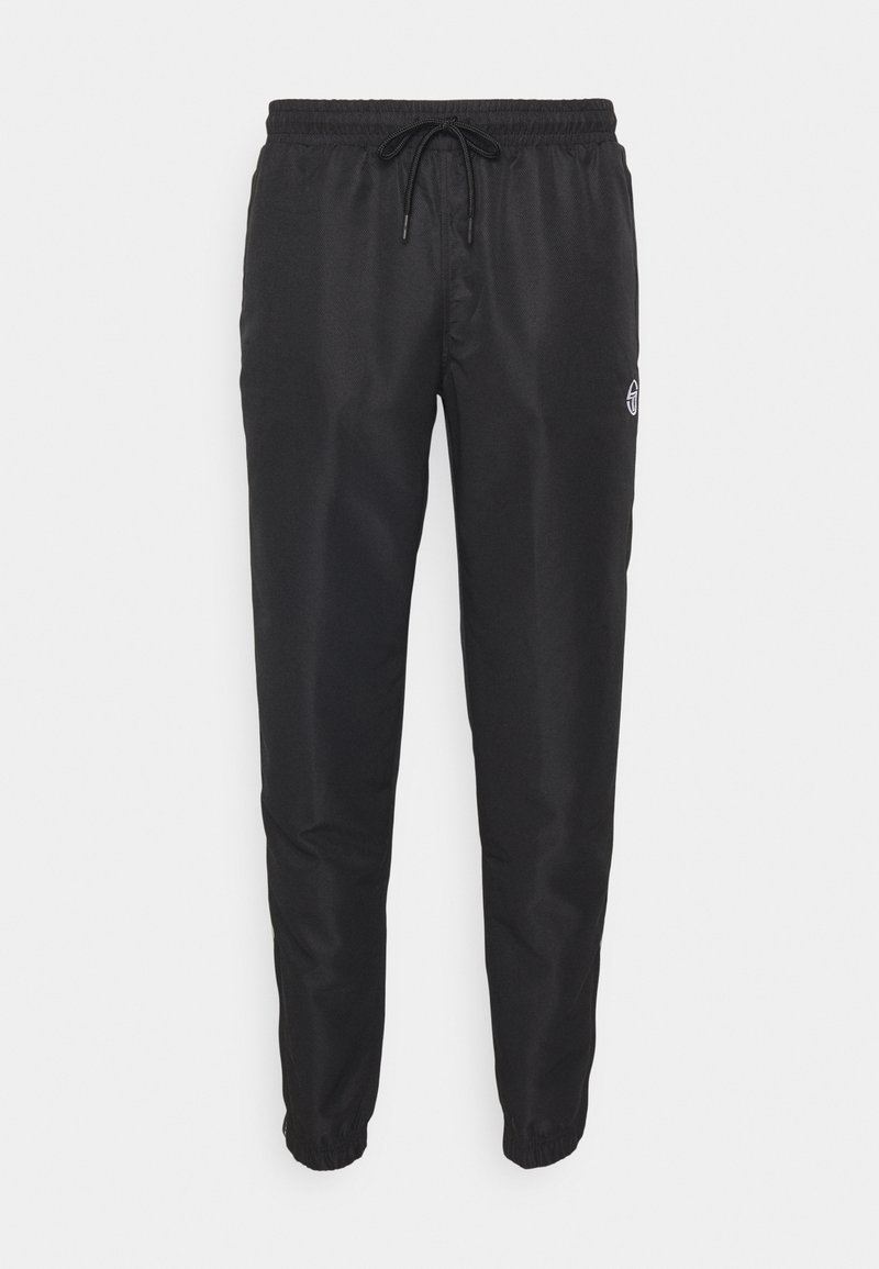 Pantalons de jogging noirs en tissu lisse, dotés d'une taille élastique avec cordon de serrage et de poignets élastiqués. Accent logo subtil sur le côté.