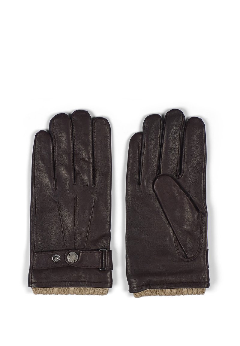 Brune lærhansker med fire fingre, en knaplukket rem og ribbede strikkede manchetter i en kontrasterende beige farve. Glat tekstur med minimalistisk design.