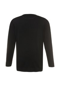 Schwarzer Strickpullover mit langen Ärmeln, Rundhalsausschnitt und gerippten Bündchen und Saum. Glatte Textur, keine Muster oder Verzierungen.