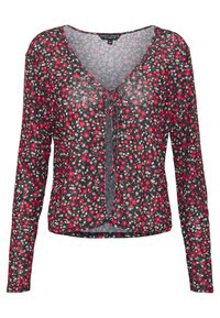 Cárdigan largo de manga larga negro con flores rojas, blancas y rosas pequeñas, que presenta un cierre frontal con lazo y una tela ligera.