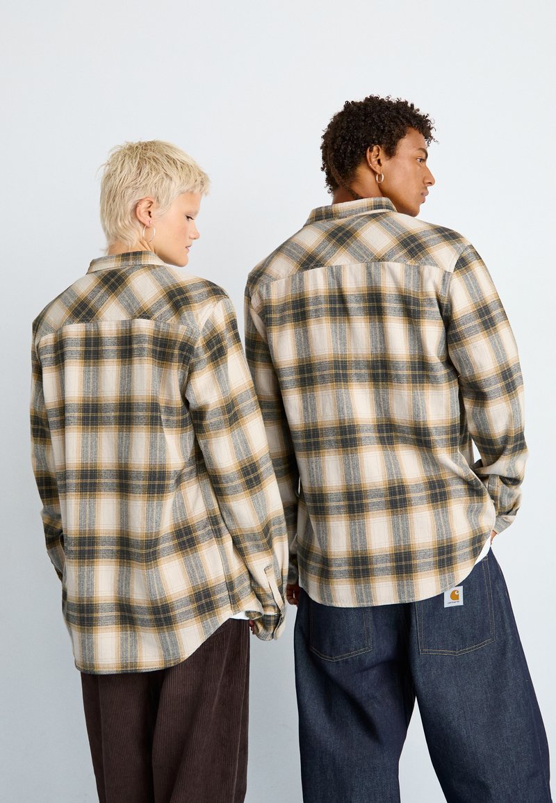 Dwie osoby widziane z tyłu, ubrane w dopasowane beżowe, zielone i białe koszule w kratę. Jedna z nich ma na sobie ciemne dżinsy, a druga brązowe spodnie z kordurowej tkaniny.