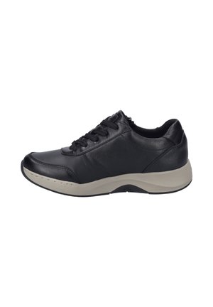 Black leather sneaker with rounded toe, lace-up front, cushioned ankle, and cream-colored sole. Features smooth texture and subtle stitching detail.