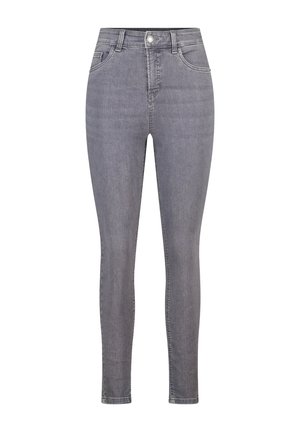 Jean skinny taille haute en denim gris foncé, avec cinq poches, une fermeture par bouton à l'avant et une coupe ajustée avec un léger stretch.