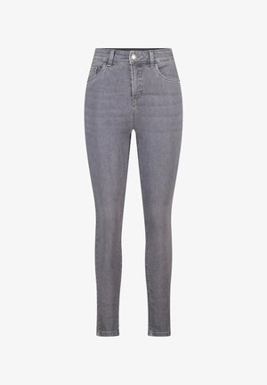 Jean skinny taille haute en denim gris foncé, avec cinq poches, une fermeture par bouton à l'avant et une coupe ajustée avec un léger stretch.