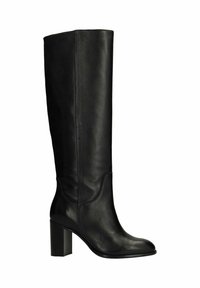Zwarte leren laars tot aan de knie met een gladde afwerking, een vierkante neus en een stevige hak. Voorzien van subtiele stiksel-details en een eenvoudig ontwerp.
