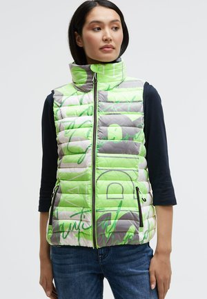 Grüne und graue gesteppte Daunenweste mit hohem Kragen, Reißverschluss vorne und grafischen Mustern. Zwei Seitentaschen mit schwarzen Reißverschlussverschlüssen.