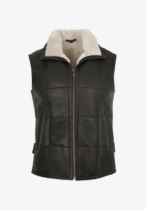 Schwarze ärmellose Lederweste mit Frontreißverschluss und beigem Lammfellfutter, sichtbar am Kragen und innen.