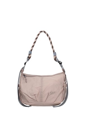 Borsa a tracolla in tessuto beige chiaro con cerniera, tracolla regolabile, manico in corda e logo GMV cucito sul davanti.