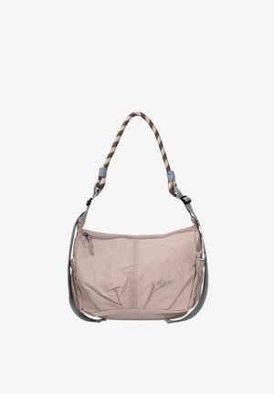 Borsa a tracolla in tessuto beige chiaro con cerniera, tracolla regolabile, manico in corda e logo GMV cucito sul davanti.