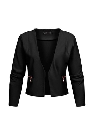 Veste noire à manches longues avec un décolleté en V, deux poches avant zippées avec des accents en or rose, coupe ajustée, fabriquée en tissu lisse.