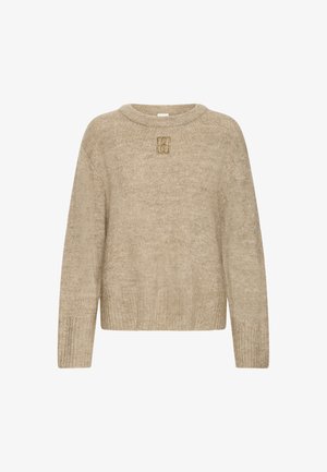 Bordinis megztinis smėlio spalvos su apvalia iškirpte, ribuotais rankogaliais ir apačia, centre priekyje su tekstūruotu logotipu. Minkšta, lengva medžiaga.