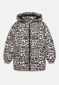 Kapiamo su gobtuvu, su užtrauktuku, pūkuotas švarkas su juodu ir smėlio leopardų raštu, elastingais rankogaliais ir šoninėmis kišenėmis.