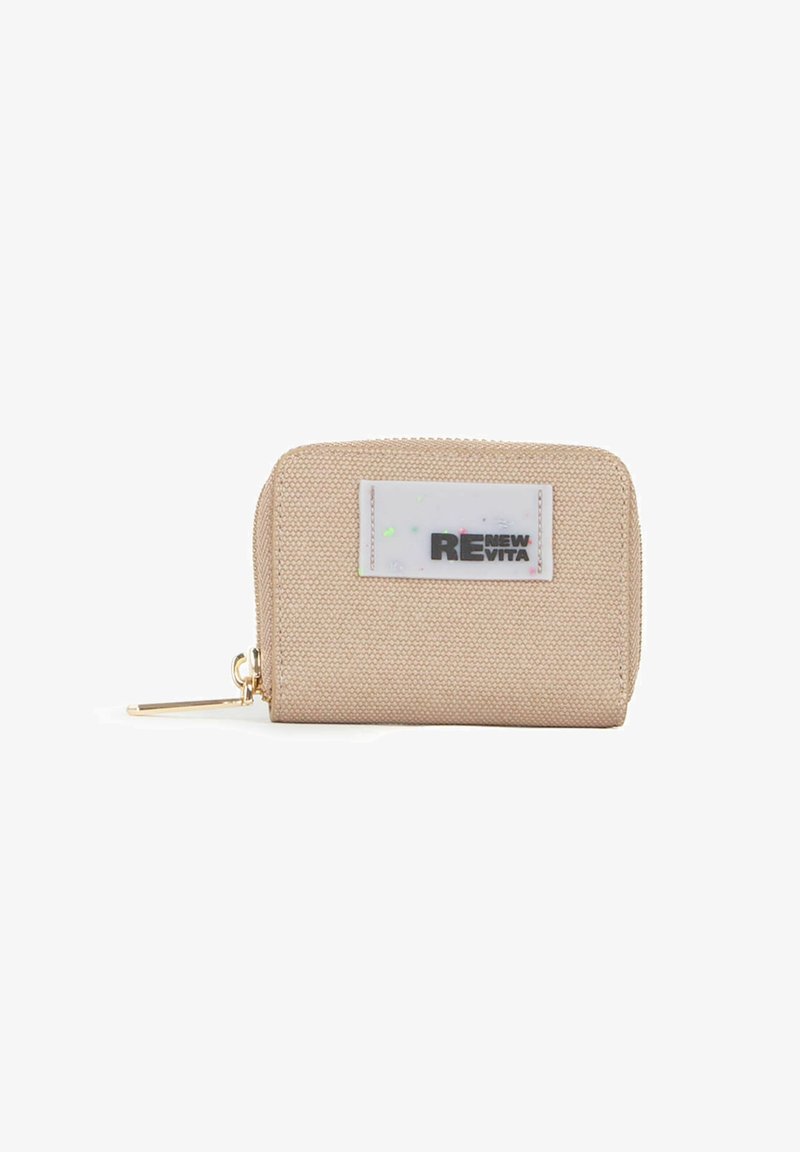 Beige textured zippered wallet with a transparent label featuring "RENEW VITA" in black. Gold hardware and slim profile.