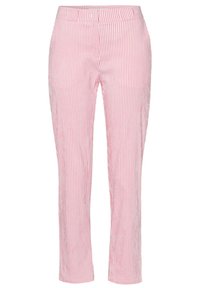 Rosa och vita vertikalt randiga slim-fit byxor med elastisk midja, designade för avslappnad eller semi-formell användning.