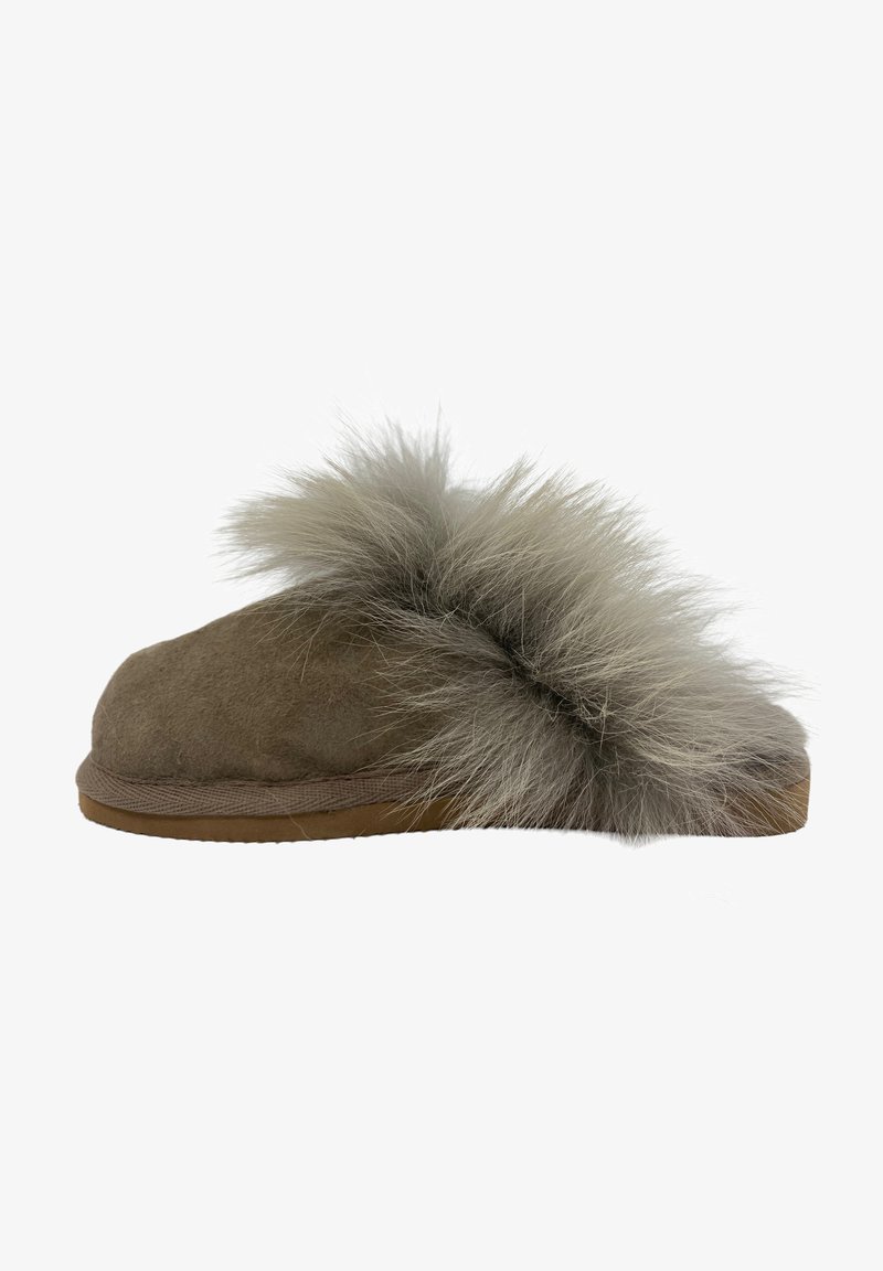 Suede slipper in light brown with a thick gray artificial fur band across the top, featuring a rubber outsole for traction.