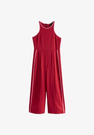 Punane ülikond ilma varrukateta kujundusega, millel on valged külgtriibud, istuv korpus ja lukuga sulgemine seljal. Pehme kangas.