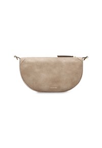 Beige clutch bag with a half-moon shape, made of textured leather. Features a gold zipper and a small brown leather accent.