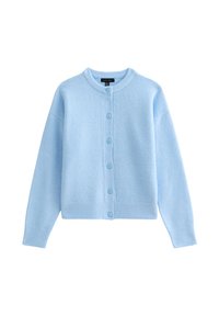 Cardigan en maille bleu clair, fabriqué en matériau doux, avec un col rond, une fermeture à boutons sur le devant et des poignets et un ourlet côtelés.