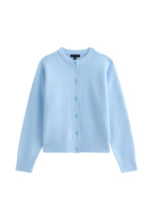 Cardigan en maille bleu clair, fabriqué en matériau doux, avec un col rond, une fermeture à boutons sur le devant et des poignets et un ourlet côtelés.