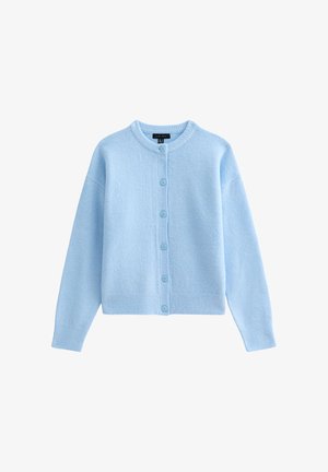 Cardigan di colore azzurro chiaro, lavorato a maglia in materiale morbido, con scollatura rotonda, chiusura frontale con bottoni e polsini e orlo a coste.
