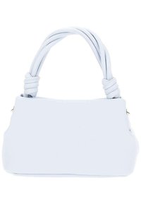 Borsa a mano azzurro chiaro realizzata in materiale liscio, con una forma arrotondata, manici intrecciati e un design minimalista senza hardware visibile.