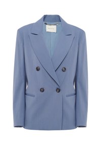 Blazer doppiopetto in azzurro chiaro, con revers a punta, due tasche frontali e bottoni neri. Tessuto morbido con una leggera trama.