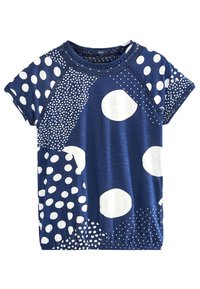 Camisa de manga corta azul marino con patrones de lunares blancos mezclados y dobladillo elástico.