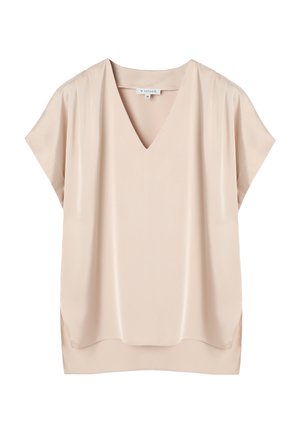 Blouse beige à manches courtes avec col en V et coupe ample, en tissu lisse, taille 38, marque Tatutum.