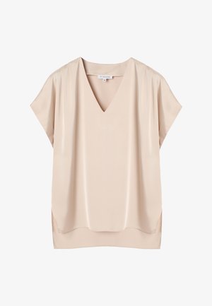 Beige kortærmet bluse med V-hals og løs pasform, lavet af glat stof, størrelse 38, mærke Tatutum.