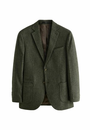 Green herringbone wool blazer with two front pockets, single button closure, and notched lapels; lined with a patterned brown fabric.