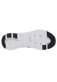 Suela de zapatilla Skechers, con una base de goma blanca, patrones texturizados, un panel de talón oscuro y un diseño curvado para mayor flexibilidad.