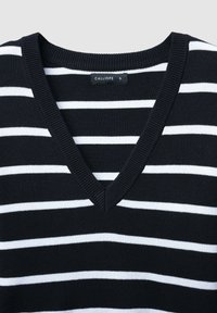 Maglione a righe bianco e nero con scollo a V, colletto a coste e texture morbida; etichetta della marca "CALLIOPE" visibile.