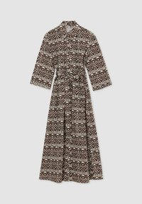 Brun och krämfärgad mönstrad lång klänning med krage, trekvartsärmar och knytbälte i midjan.