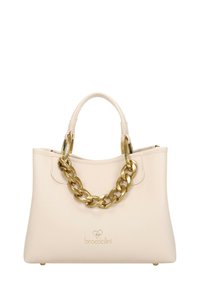 Borsa a mano color beige chiaro in pelle strutturata, con manico a catena dorata e logo sulla parte anteriore. Sagoma liscia e strutturata.