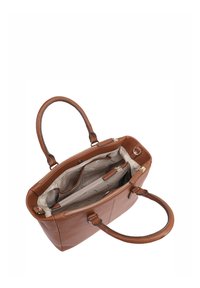 Sac à main en cuir marron avec deux poignées, fermeture éclair, et un intérieur beige comportant plusieurs compartiments et des motifs subtils.