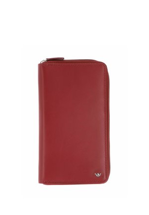 Portefeuille en cuir rouge avec fermeture éclair tout autour et petit emblème argenté dans le coin inférieur droit, photographié sur fond blanc.