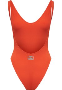 Einteiliger Badeanzug in leuchtendem Orange mit tiefem V-Ausschnitt, aus geripptem Stoff. Mit dünnen Trägern und einem Logodetail an der Taille.