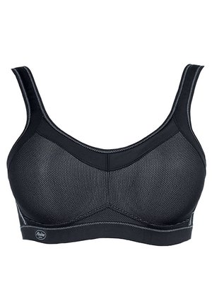 Schwarzer Sport-BH mit Netzpaneelen, breiten Trägern und einer glatten Stofftextur. Auffällige schwarze Nähte heben das Design hervor.